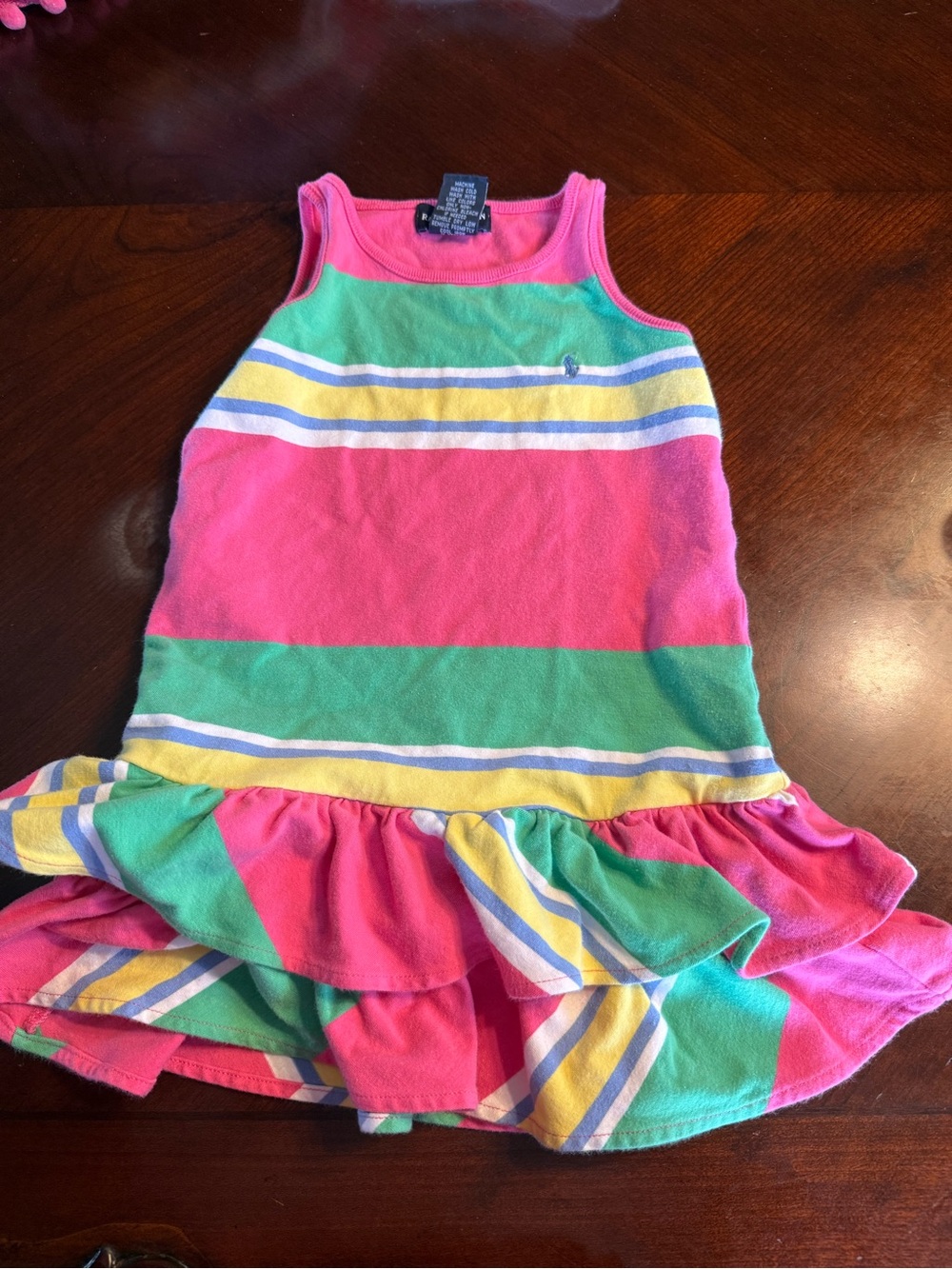 Ralph Lauren Girls Striped Ruffle Tank Dress in Pink, Green & Yellow